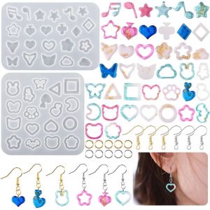 2 Pieces Moule En Resine Pendentif Coeur, Moules Silicone Boucle D'oreille, Moulle De Moulage Resine Epoxy &Eacute;toile Lune Shaker Mold Pour Diy Petit Bijoux Collier Porte Cl&eacute;s Charme - Neuf