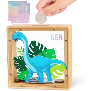 ERYI-Tirelire Dinosaur En Bois Naturel Et Acrylique Pour Enfants, Cadeau Éducatif Personnalisable Avec Autocollants, Décoration De Chambre Mignonne - Neuf