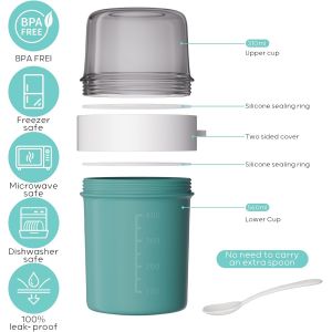 Tianyi-Lunch Pot Ellipse Avec Une Cuill&egrave;re, Bo&icirc;te &Agrave; Repas Gobelet &Agrave; Muesli, Tasse De C&eacute;r&eacute;ales, Coupe Du Yaourt, Tasse &Agrave; Emporter Convient Au Cong&eacute;lateur, Au Micro-Ondes, 560ml+310ml, Vert - Neuf