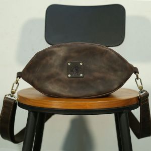 Sac de rugby en cuir Crazy Horse gris foncé pour homme, petit sac oblique vintage en cuir véritable, sac à bandoulière, sac de poitrine décontracté en cuir de vache pour homme - Neuf