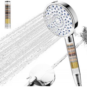 Pommeau de douche avec filtre 20 &eacute;tapes flexible 6+1 jets &eacute;limine le chlore et les m&eacute;taux haute pression et &eacute;conomie d'eau finition chrom&eacute;e - Neuf