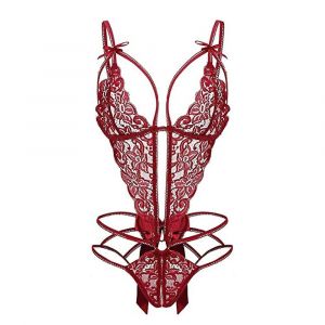 Femmes Deep V Lace Teddy Une Pièce Lingerie Découpe Lingerie À Lanières (Rouge Foncé,L) - Neuf