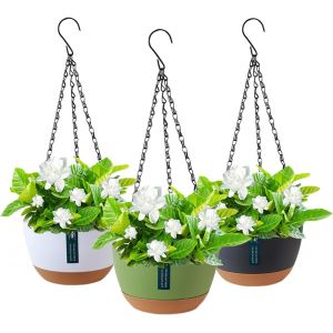 ASFASFq-Lot de 3 pots de fleurs suspendus en plastique - Chaîne en métal - Crochet amovible - Pot de fleurs suspendu - Pour l'intérieur et l'extérieur - Décoration murale - Neuf