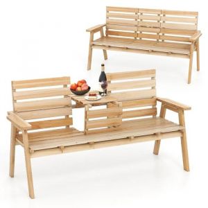 Banc D'ext&eacute;rieur En Bois De Sapin Costway Avec Table Centrale Pliable, Pour 2-3 Personnes, Dossier Accoudoirs, Charge 320kg,Naturel - Neuf
