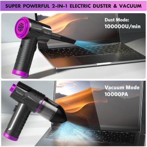 KALANKA-Soufflette Air Comprim&eacute; et Aspirateur 2 en 1, 100000 Tr/Min Cordless Air Duster, 10Kpa Mini Souffleur Aspirateur avec Lumi&egrave;res LED, 3 Vitesses, D&eacute;poussi&eacute;rant Pour Nettoyage PC, Voiture, Canap - Neuf