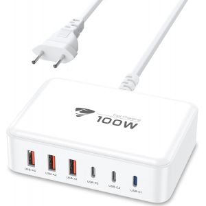 Usb C Charger 100W Fast Charge 6Port Usb C Socket Multiple Gan Pd+Qc 3.1A Ac Adapter Usbc Charger For Iphone 15 16 Pro Max Plus 14 13 12 11 Macbook Pro/Air Ipad, Samsung S24 S23 S22 Tablet - Neuf