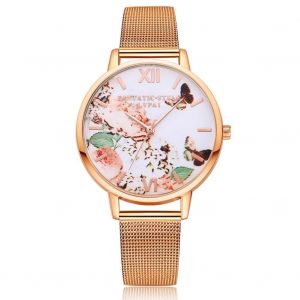Lvpai Femmes Dame Fleur Motif Montre Maille Bracelet Quartz Analogique Cadeau Montre-Bracelet (Or Rose) - Neuf