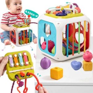 7 in 1 Montessori Sensoriel Jouets pour Bébé, Trieur de Formes, Cube d'activité Avec xylophone, Jouet de Corde à Tirer pour Enfants - Neuf