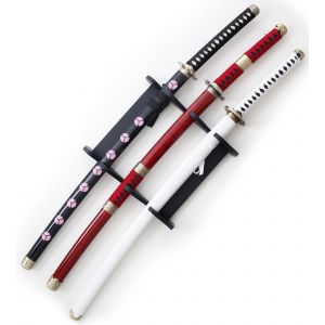 Lot 3 Katanas Tout en Bois One Piece Epees Lame en Bois + Support 3 Places Zoro Sabres Replique Zorro Roronoa Shusui Kitetsu Wado Ichimonji Pack Set D&eacute;coration - Neuf