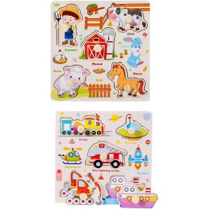 KAL-Lot De 2 Puzzles &Agrave; Partir De 1 An En Bois - Puzzle De Pr&eacute;hension - Jouet &Eacute;ducatif En Bois - Jouet &Eacute;ducatif - V&eacute;hicule Terrestre - Poney - Neuf