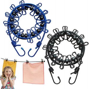 KALANKA-Lot de 2 cordes &agrave; linge portables, &eacute;lastiques, r&eacute;glables, r&eacute;tractables, coupe-vent, avec 12 pinces m&eacute;talliques pour le camping, les voyages, le s&eacute;chage du linge en plein air (noir + bleu) - Neuf