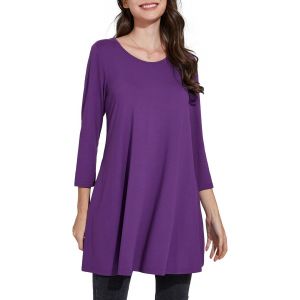 Utigh-Tunique Femme Longue Grande Taille À Manches 3/4 Chic Et Élégante Chemisier Haut Ample À Motifs Couleur Unie Col Rond T-Shirts Blouses - Neuf