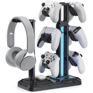 LORANKA-Support de Casque avec 9 Modes d'Eclairage - Porte Casque Gamer Universel Rotatif - Support de Manette avec 6 Crochets D&eacute;tachables pour Accessoires Bureau Gaming PC - Neuf