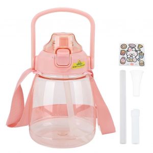 Bouteille D'eau 1100ml Avec Paille Pichet D'eau En Plastique Avec Sangle Étanche Anti-Déversement Big Belly Bouteilles D'eau Pour Enfants Femmes Rose - Neuf