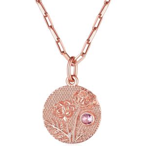 Kal-Collier Femme Plaqué Or Personnalisé Pendentif Médaille Ronde Orné De Motif Fleur En Relief Et Pierre De Naissance Synthétique, Bijoux D'anniversaire - Neuf
