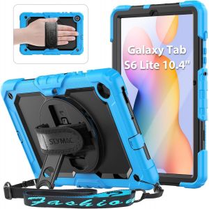 Coque Pour Samsung Galaxy Tab S6 Lite 2024/2022/2020, Coque Antichoc Avec Protecteur D'&eacute;cran, Bandouli&egrave;re, Dragonne Rotative &Agrave; 360 Degr&eacute;s Et Support, Coque Pour S6 Lite 10,4"", Bleu Clair - Neuf