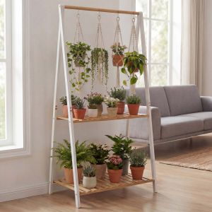 &Eacute;tag&egrave;re &Agrave; Plantes En Bambou Hwc-Q32, &Eacute;tag&egrave;re En Escalier Pour Fleurs Et Plantes, &Eacute;tag&egrave;re De Salle De Bain, Tige Avec 2 Tablettes 130 X 70 X 44 CmBlanc Naturel - Neuf