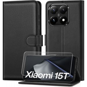 ELVORIX-Coque pour Xiaomi 15T 5G avec Verre Tremp&eacute;, &eacute;tui Cuir PU Magn&eacute;tique [ Pochette de Portefeuille ], Housse de Fonction Stand Video Porte Carte Credit &agrave; Rabat pour Xiaomi 15T - Noir - Neuf