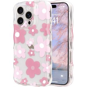 Eryi-Coque Pour Iphone 16 Pro Max Clair Transparent Avec Cadre Ondulé Bouclé, Housse Etui Motif De Fleur Florale Mignon Pour Femme Fille,Bumper Case Protection Antichoc En Silicone Souple,Rose - Neuf