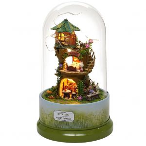 HJLIAN Jolie maison de poupee miniature en bois a monter soi-meme avec boite a musique rotative, couvercle anti-poussiere et lumiere LED - Neuf