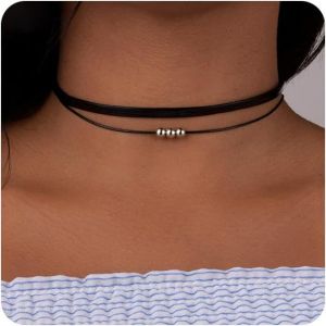 Kales-Boho Layered Suede Collier Ras-De-Cou Court Noir Velours Vintage En Cuir Argenté Collier De Perles Bijoux Pour Femmes Et Filles Collier Gothique En Cuir - Neuf