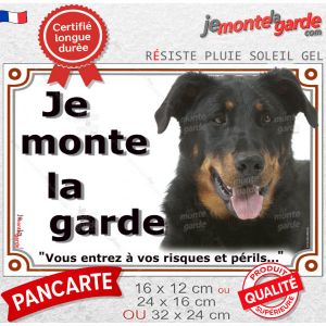 Beauceron Noir Feu, Plaque Portail Photo "Je Monte La Garde, Entrez &Agrave; Vos Risques Et P&eacute;rils" R&eacute;siste &Agrave; L'Ext&eacute;rieur, Id&eacute;e Cadeau, 24 X 16 Cm - Neuf