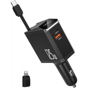 Thef-125w Chargeur Voiture Retractable,Chargeur Allume Cigare Usb C Charger Téléphone Rapide Avec Rrétractable Câble De Type-C,Adaptateur Prise Allume Cigare Chargeur De Voiture Pour Iphone,Galaxy,Go - Neuf