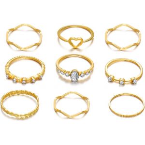 Cmjaagur-Boho Ring Set Crystal Gold Knuckle Joint Rings Statement Ring For Women Girls Mixed Size (9pcs), Metal[M853] - Neuf