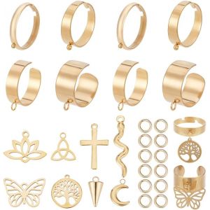 Kal-1 Boîte 8 Ensembles 36 Pièces Bague Avec Breloque Pendentif Bague De Mode En Or Grosse Fleur Croix Papillon Ensembles De Bagues Réglables Pour La Fabrication De Bijoux Bricolage Accessoires - Neuf