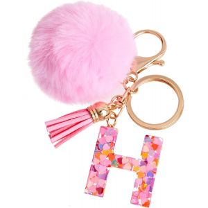 KAL-Porte-Clés Rose Avec Lettre Porte-Clés Fille Initiale Cadeau Femmes Porte-Clés Boule De Poils Décorer Pour Sac Sac À Dos Porte-Clef Gland Or Porte-Clef Femme - Neuf