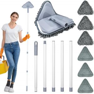Teppe-Mop Pour Murs & Fen&ecirc;tres, Nettoyeur De Plafond Outil De D&eacute;poussi&eacute;rage Avec Un Long Manche De 200 Cm, Balai Serpillere Pliable Avec 6 Pcs Microfibre Chenille Pour Planchers Et Plinthes - Neuf