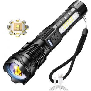 Sjzg-Lampe Torche Led Rechargeable Super Lumineuse 20 000 Lumens, Lampe Torche Led Haute Puissance 7 Modes, Lumi&egrave;re Lat&eacute;rale Rouge Et Bleue, Lampe Torche Tactique De Police Rechargeable Par Usb - Neuf