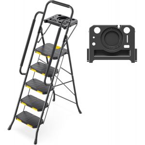 Ulteronixshop-KINGRACK Escabeau 5 Marches avec Plateau &agrave; Outils et Large P&eacute;dale Antid&eacute;rapante, Marche Pied Pliable avec Mains Courantes, &Eacute;chelle Domestique pour Maison Cuisine Garde-Manger Placards e - Neuf