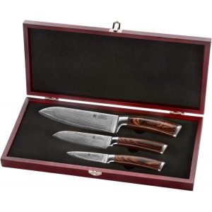 Mevronisshop-Wakoli Edib Set De 3 Couteaux En Damas I Lames En Acier Damass&eacute; &Agrave; 67 Couches Avec Noyau Vg10 Et Manches En Bois De Pakka I Couteaux De Cuisine Professionnels & Couteaux Damass&eacute;s Dans Une - Neuf