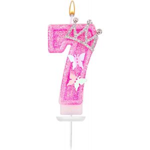 MEVRONISSHOP-Bougie anniversaire en forme de chiffre rose scintillant de 7,3 cm avec papillon et couronne en strass pour fille - D&eacute;coration parfaite pour mariage - Neuf