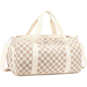 nzqaf-Sac de sport pour enfant garçon et femme avec compartiment à chaussures et compartiment humide, sac de bain, adolescent, petit sac de voyage, sac de fitness, Grille marron et blanche - Neuf