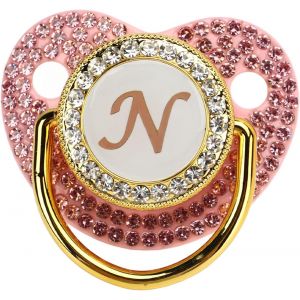 Sucette Bébé Dorée Strass Lettre Bling Bébé Sucette Personnalisée Bling Sucette Incurvée En Silicone Avec Clip De Chaîne Pour Bébé Douche Nouveau-Né Photographie (Lettre N) - Neuf