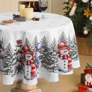 Nappe Ronde Blanche Noel 160 Cm Anti Tache Nappes De No&euml;l Avec &Eacute;l&eacute;gant Un Bonhomme De Neige Traditionnel Des Flocons De Neige Et Un Sapin De No&euml;l Pour Anniversaire,Exterieur,Jardin,F&ecirc;te - Neuf