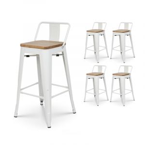 Lot de 4 tabourets en m&eacute;tal blanc mat style industriel avec dossier et assise en bois clair - Hauteur 66cm - Neuf