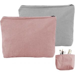 MAA-2 Pièces Petite Trousse Maquillage, Tissu Trousse de Maquillage, Pochette Maquillage à Glissière, Portables Trousse de Toilette Voyage, Makeup Bag Femme en Velours Côtelé, (Rose,Gris) - Neuf
