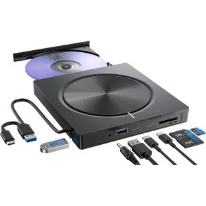 Lecteur CD/DVD Externe pour PC, USB 3.0 et USB-C Graveur DVD Externe Optique Portable CD/DVD -/+RW Drive, Mince DVD Player Transmission Rapide Câble USB Intégrée pour Windows/MacOS/Laptop/Desktops - Neuf