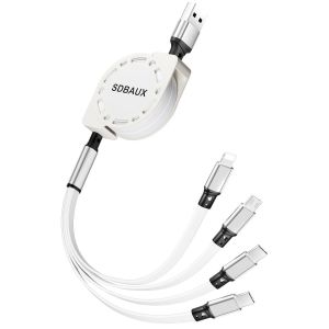 JGD-Multi C&acirc;ble 4 en 1, 3A/1M USB R&eacute;tractable Chargeur Rapide avec 2*Type C/Phone/Micro USB Connecteurs, pour T&eacute;l&eacute;phone, Android Galaxy S25 S20, LG, Sony, Moto, Hoor View, Xiaomi, Oneplus, PS5 - Neuf