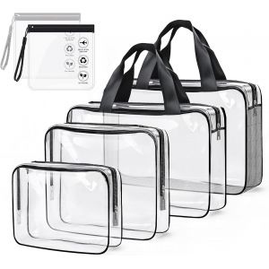 KALANKA-Lot de 4 trousses de toilette transparentes en PVC épais - Étanche - Avec 2 poches pour liquides - Bagage à main avec fermetures éclair - Pour femme, Transparent., Étanche - Neuf
