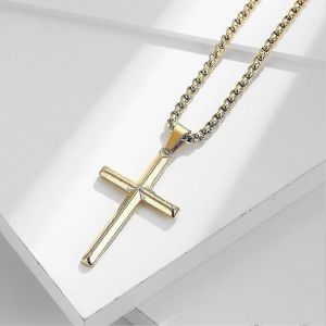 Collier Homme Avec Pendentif Croix - Chaîne Or Pour Homme 60cm Acier Inoxydable - Chaîne À Maillons Artisanale - Cadeau D'anniversaire Pour Lui (Croix Dorée) - Neuf