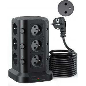 12 Prises 2P+T de Type-E (France) Tour Multiprise avec 6 Ports USB(4000W/16A), Multiprise Electrique parafoudre et surtension, 3 Interrupteur Individuel, 2M C&acirc;ble, Blanc - Neuf