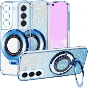 TRAHOO-Couqe pour Samsung Galaxy S21 FE 5G [Compatible avec MagSafe] Magnetique avec Support Anneau, Housse Etui de Protection Antichoc en Silicone, Transparente Paillettes 2 en 1 Case (Bleu) - Neuf