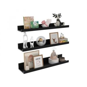 &Eacute;tag&egrave;re Murale en Bois Naturel Lot de 3 Pi&egrave;ces 60 cm Noir Mat Design Minimaliste Aesthetic avec Fixation Invisible Moderne - Neuf