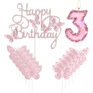 Trahoo-Bougies D'anniversaire En Forme De Papillon Pour 3e Anniversaire - Bougie Rose En Forme De Chiffre 3 Avec Papillon - Décoration De Gâteau Pour 3e Anniversaire - Jolie Décoration De Gâteau - Neuf