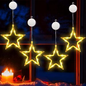 KAL-Guirlande De Noël Étoile, 4 Pièces 10 Led Lumières De Fenêtre De Noël Guirlande Lumineuse Décorative Batterie Rideaux Lumineux Pour Intérieur Maison Jardin Extérieur Fête Mariage, Blanc Chaud - Neuf