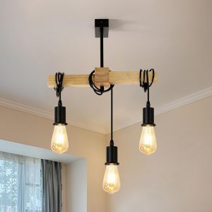 Subzonal-Suspension Luminaire Industrielle, Suspensionen Bois Et Noir M&eacute;tal E27, &Agrave; 3 Lampe R&eacute;glable Lustre Suspension Vintage Pour Salon Cuisine Chambre &Agrave; Coucher (Ampoule Non Incluse) - Neuf